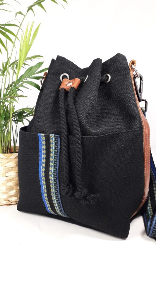 Black Linen Bucket Bag